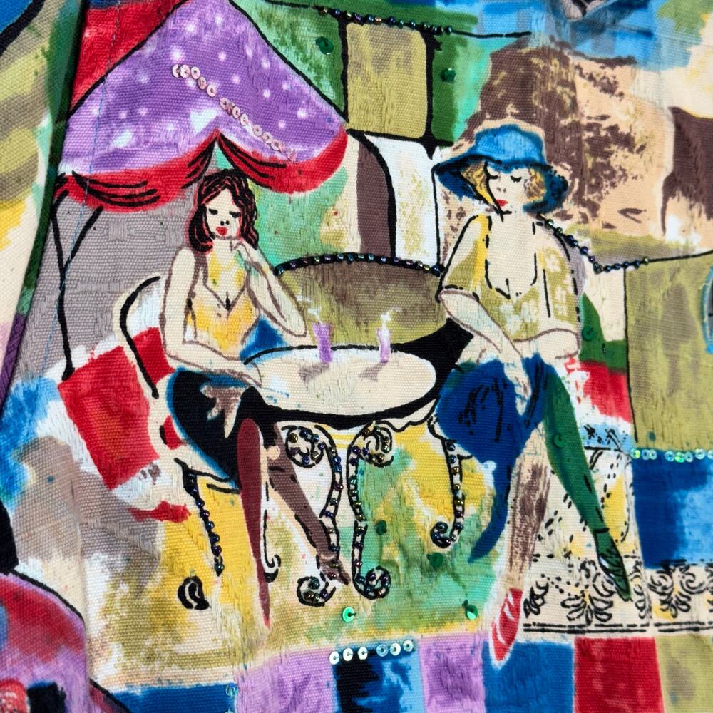 Keren Hart Jacket Vibrant Colorful Scenic Picasso Cafe Art Cotton Blazer Size XL - Picture 5 of 9